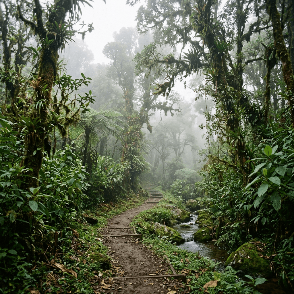 Winding hiking trail through dense tropical rainforest with moss-covered trees and a small stream